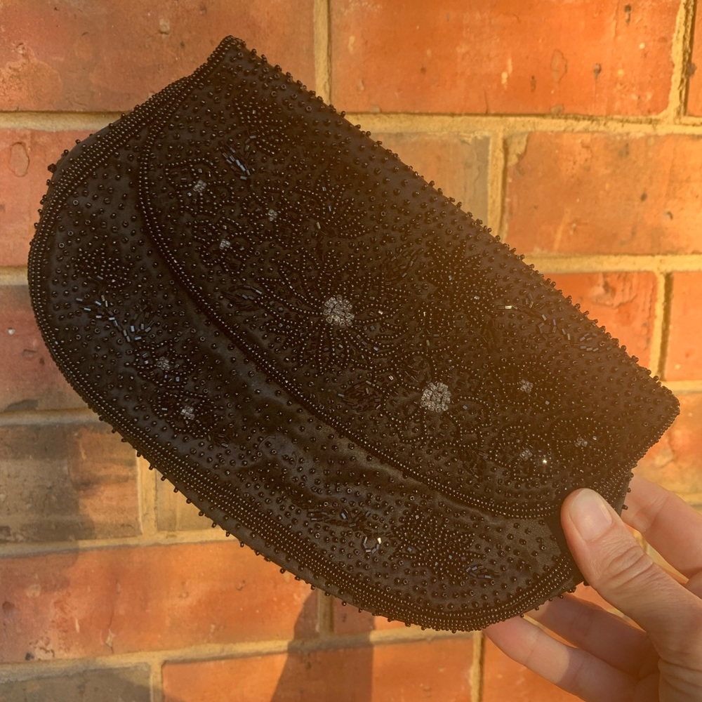 Amazing 1950s black beaded clutch purse handmade Fuji Bag.